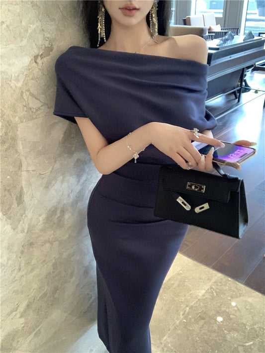 Elegant Asymmetric Neckline Off-Shoulder Maxi Dress Glamorous Navy Blue Mermaid Draped Neckline Short Sleeve Long Dress AP1927