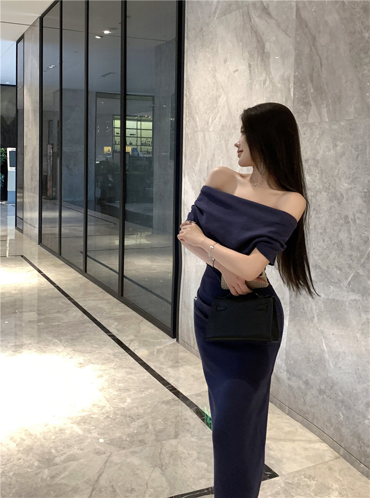 Elegant Asymmetric Neckline Off-Shoulder Maxi Dress Glamorous Navy Blue Mermaid Draped Neckline Short Sleeve Long Dress AP1927