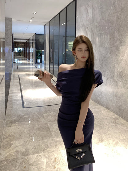 Elegant Asymmetric Neckline Off-Shoulder Maxi Dress Glamorous Navy Blue Mermaid Draped Neckline Short Sleeve Long Dress AP1927