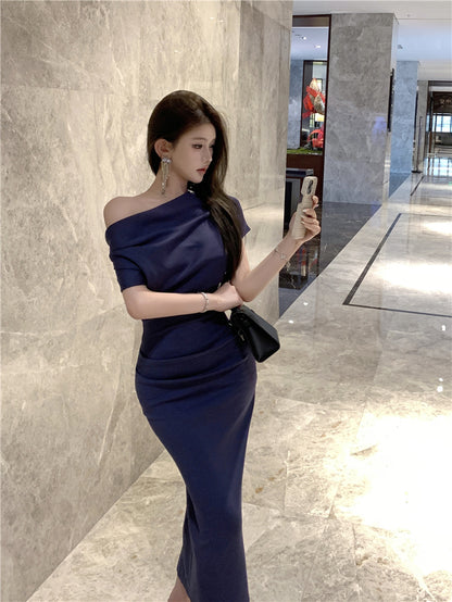 Elegant Asymmetric Neckline Off-Shoulder Maxi Dress Glamorous Navy Blue Mermaid Draped Neckline Short Sleeve Long Dress AP1927