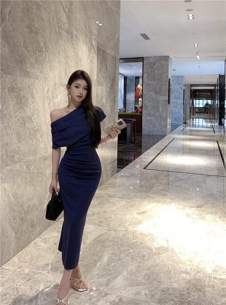 Elegant Asymmetric Neckline Off-Shoulder Maxi Dress Glamorous Navy Blue Mermaid Draped Neckline Short Sleeve Long Dress AP1927