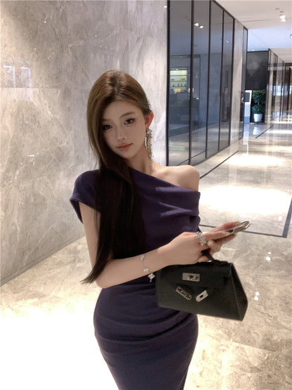 Elegant Asymmetric Neckline Off-Shoulder Maxi Dress Glamorous Navy Blue Mermaid Draped Neckline Short Sleeve Long Dress AP1927