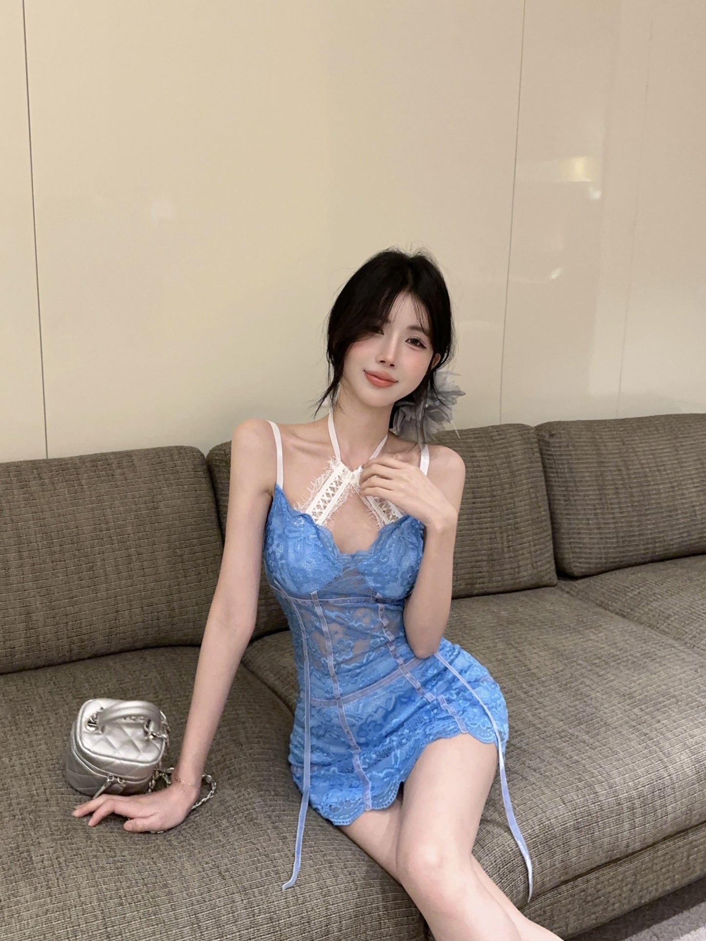 Y2K Style Light Blue Spaghetti Straps Mini Dress Unique Lace Ribbon Details Sheath Short Dress AP1928