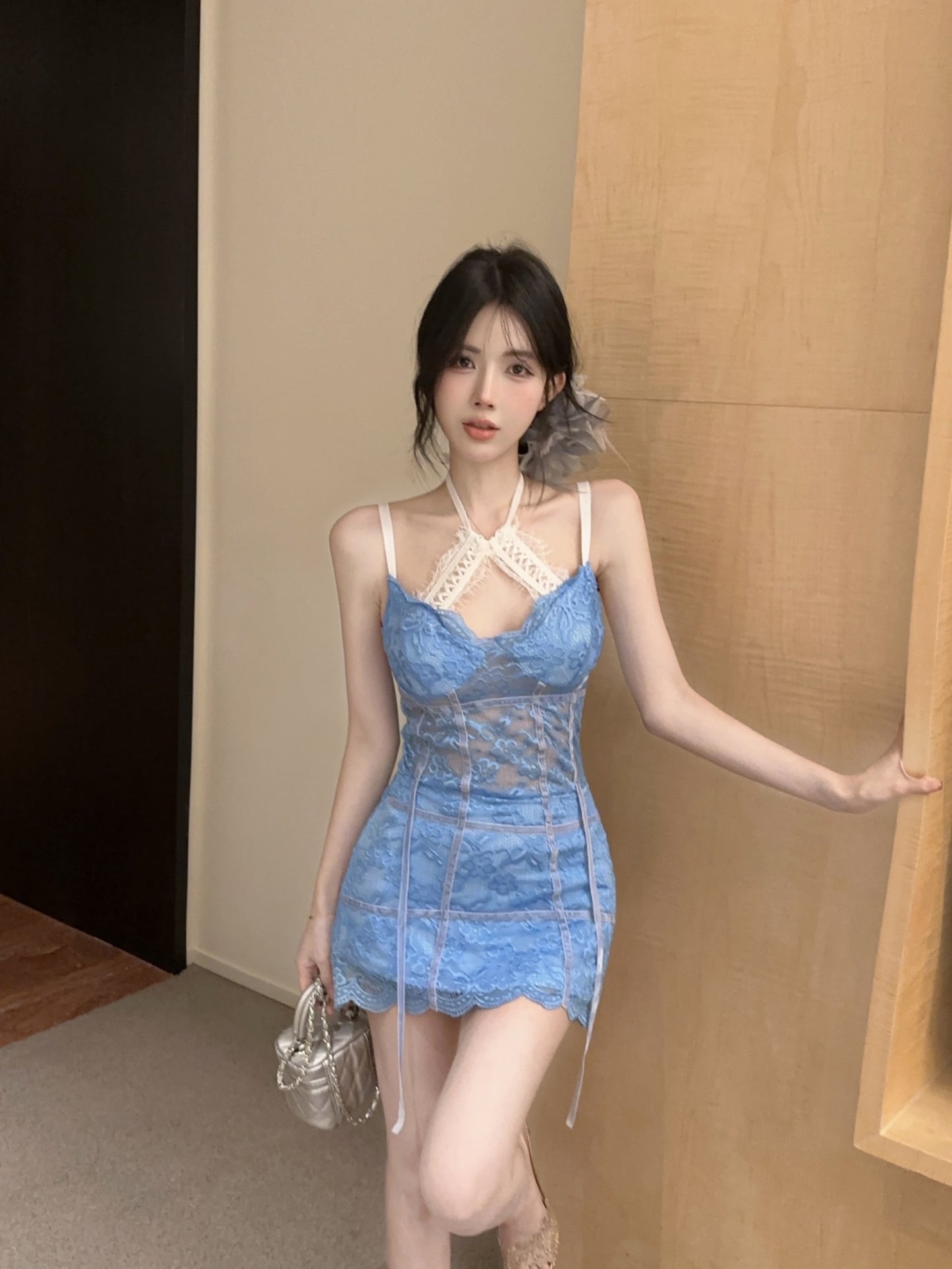 Y2K Style Light Blue Spaghetti Straps Mini Dress Unique Lace Ribbon Details Sheath Short Dress AP1928