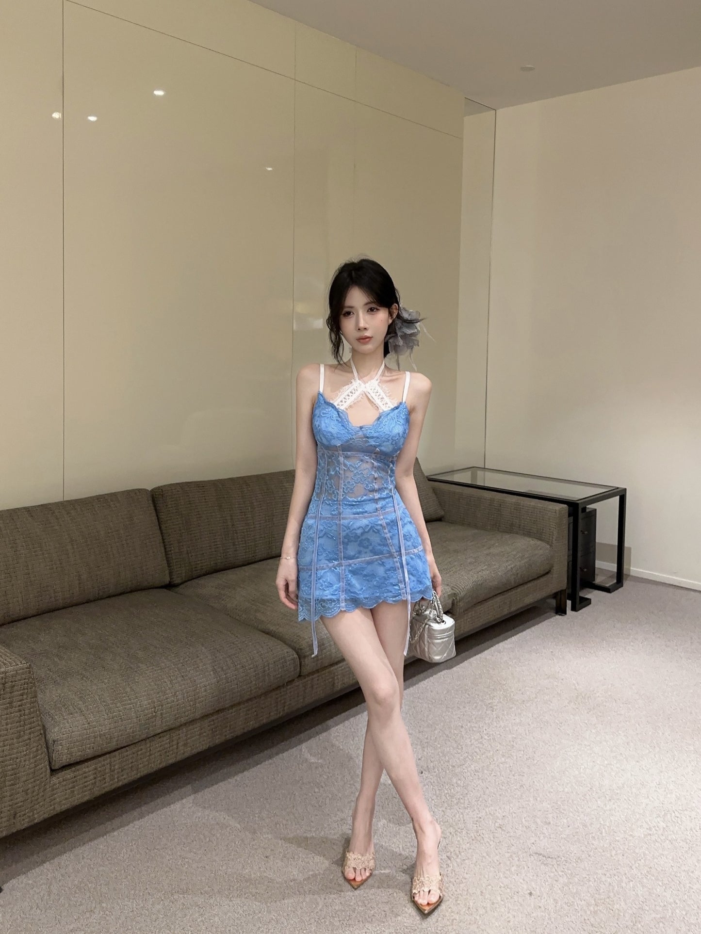 Y2K Style Light Blue Spaghetti Straps Mini Dress Unique Lace Ribbon Details Sheath Short Dress AP1928