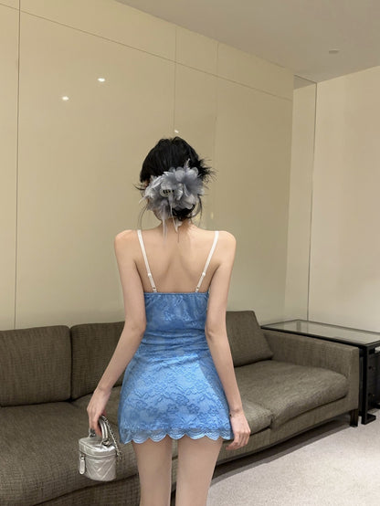 Y2K Style Light Blue Spaghetti Straps Mini Dress Unique Lace Ribbon Details Sheath Short Dress AP1928