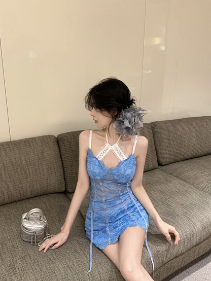 Y2K Style Light Blue Spaghetti Straps Mini Dress Unique Lace Ribbon Details Sheath Short Dress AP1928