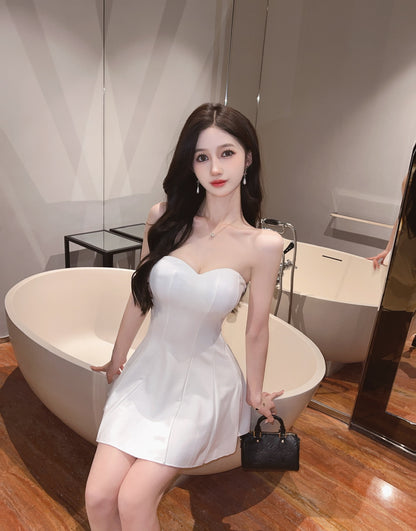 Simple Style Strapless Cream Mini Skirt Casual Outfit Zipper Back A-Line Short Dress AP1929