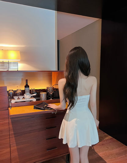Simple Style Strapless Cream Mini Skirt Casual Outfit Zipper Back A-Line Short Dress AP1929