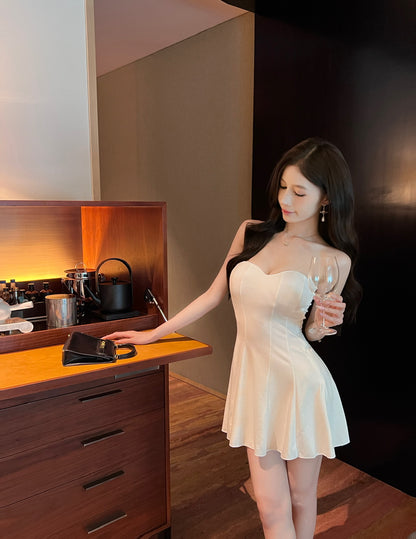 Simple Style Strapless Cream Mini Skirt Casual Outfit Zipper Back A-Line Short Dress AP1929