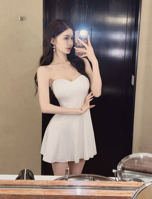 Simple Style Strapless Cream Mini Skirt Casual Outfit Zipper Back A-Line Short Dress AP1929