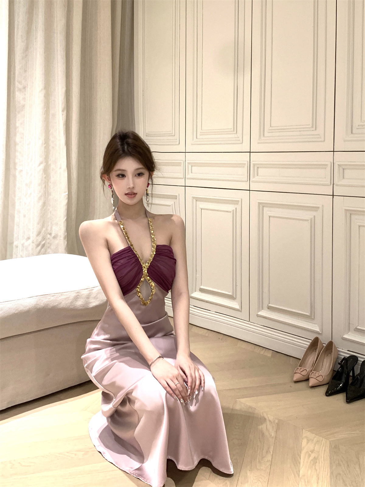 Charming Sparkly Sequins Design Purple Mesh Splicing Maxi Dress Feast Outfit Soft Fabric Cutout Long Dress AP1930