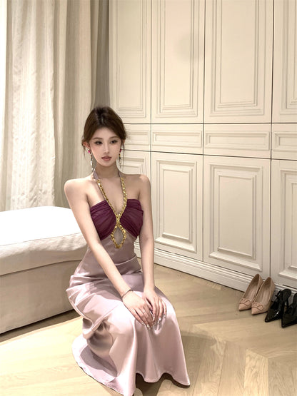 Charming Sparkly Sequins Design Purple Mesh Splicing Maxi Dress Feast Outfit Soft Fabric Cutout Long Dress AP1930