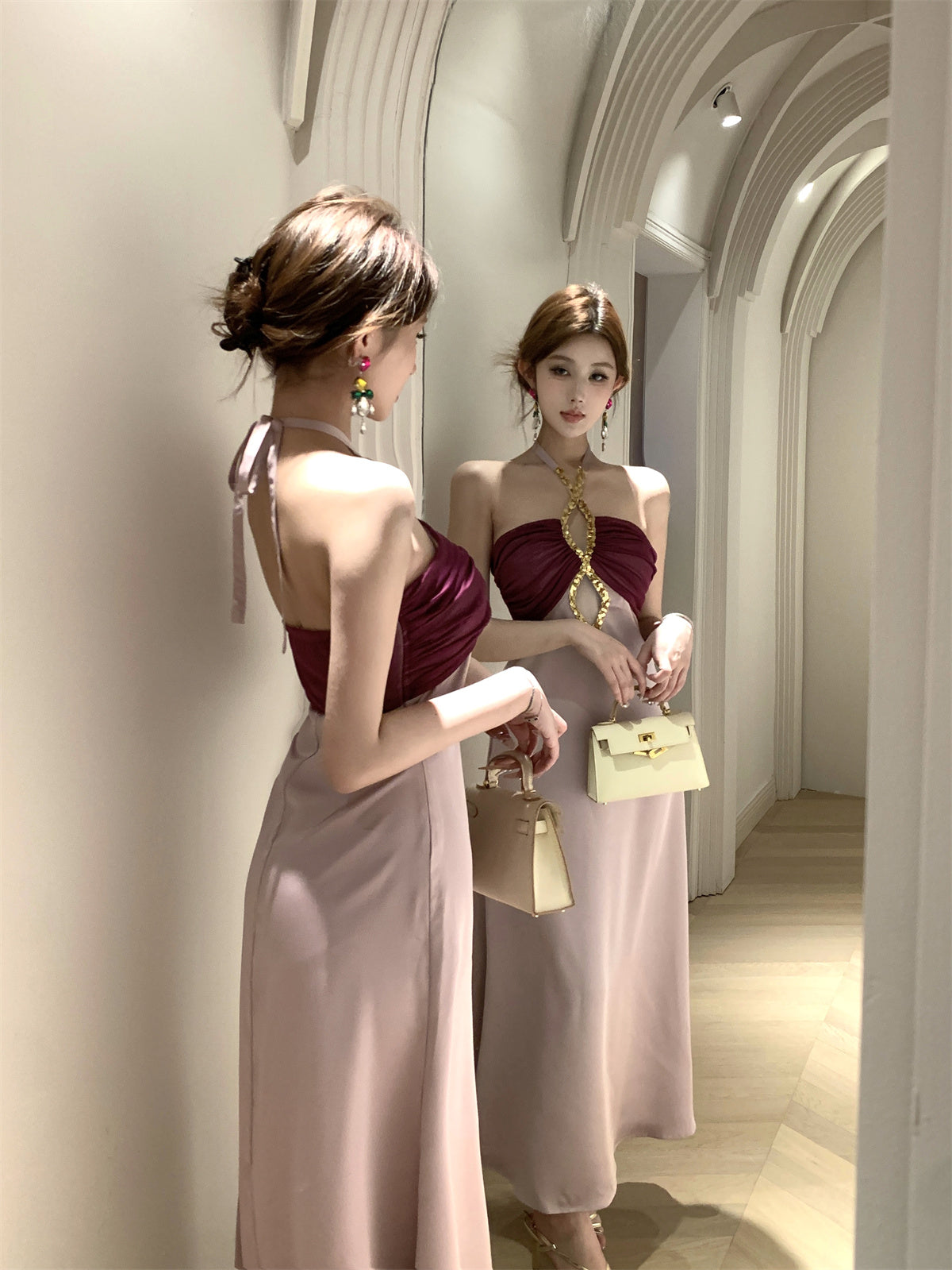 Charming Sparkly Sequins Design Purple Mesh Splicing Maxi Dress Feast Outfit Soft Fabric Cutout Long Dress AP1930