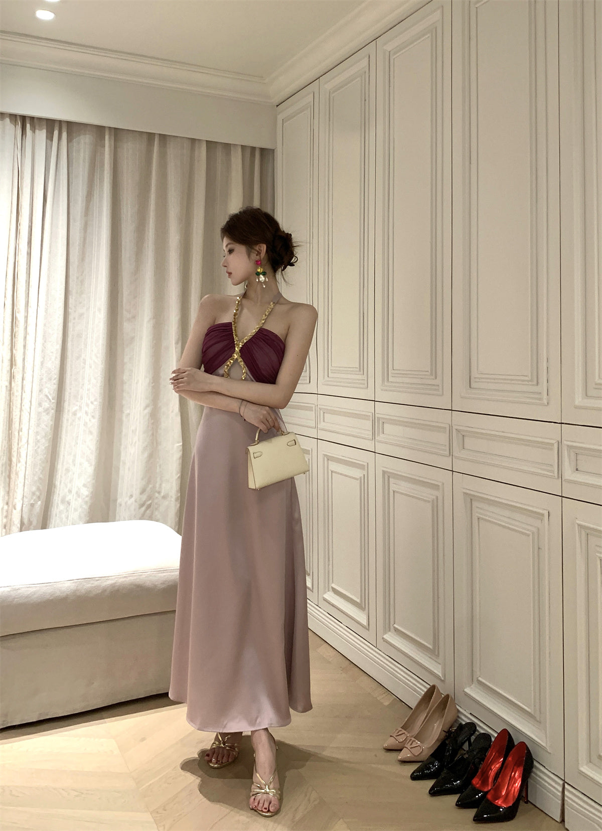 Charming Sparkly Sequins Design Purple Mesh Splicing Maxi Dress Feast Outfit Soft Fabric Cutout Long Dress AP1930