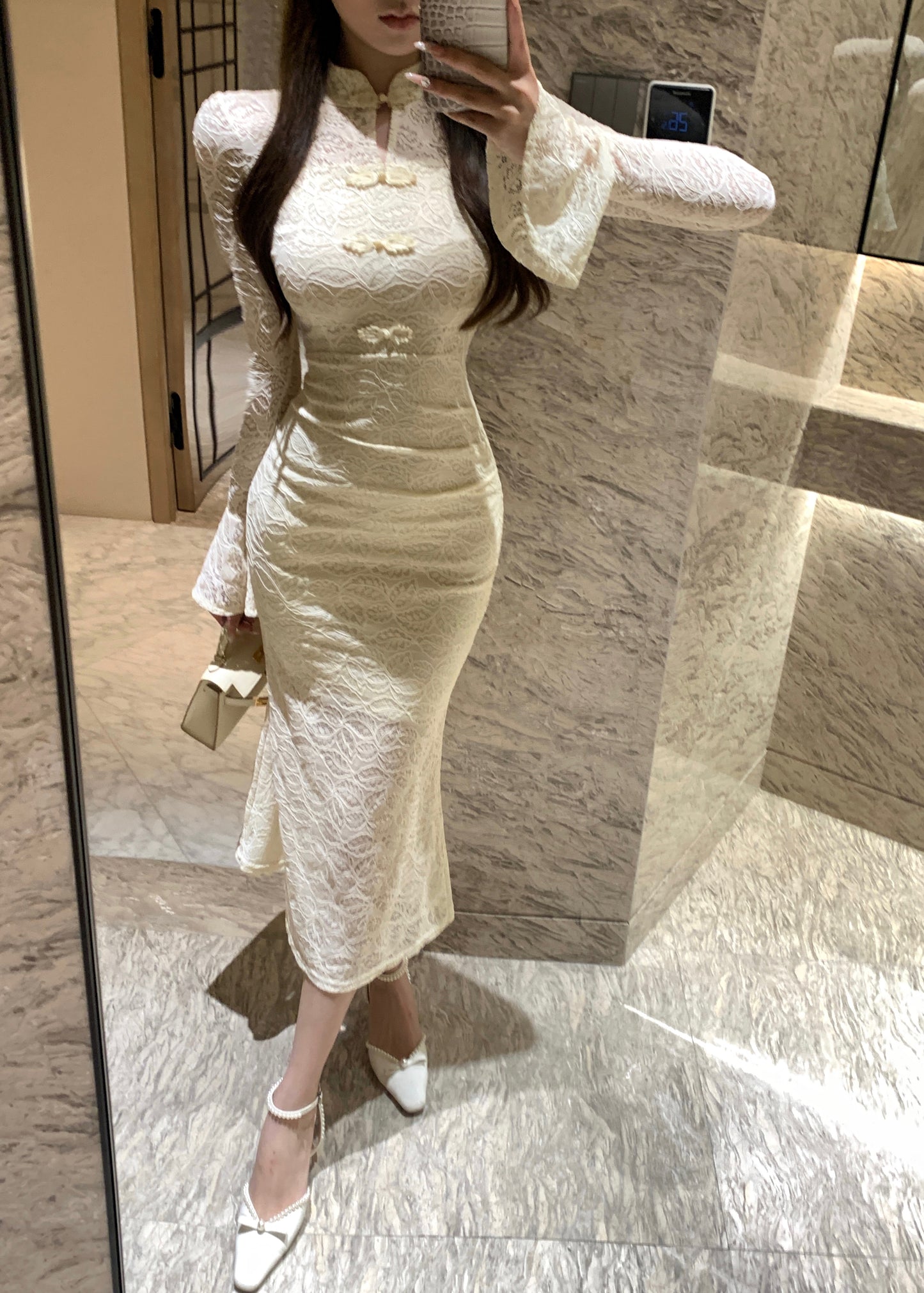 Romantic Beige Lace Cheongsam-Style Textured Fabric Maxi Dress Unique Bell Long Sleeve Sheath Frog Buttons Long Dress AP1931