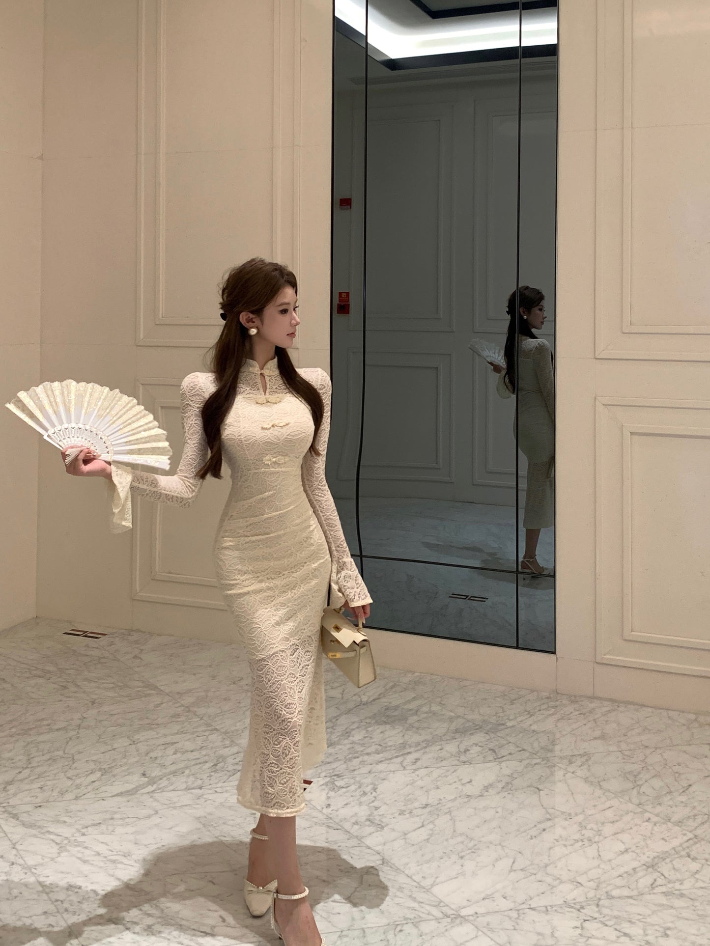 Romantic Beige Lace Cheongsam-Style Textured Fabric Maxi Dress Unique Bell Long Sleeve Sheath Frog Buttons Long Dress AP1931