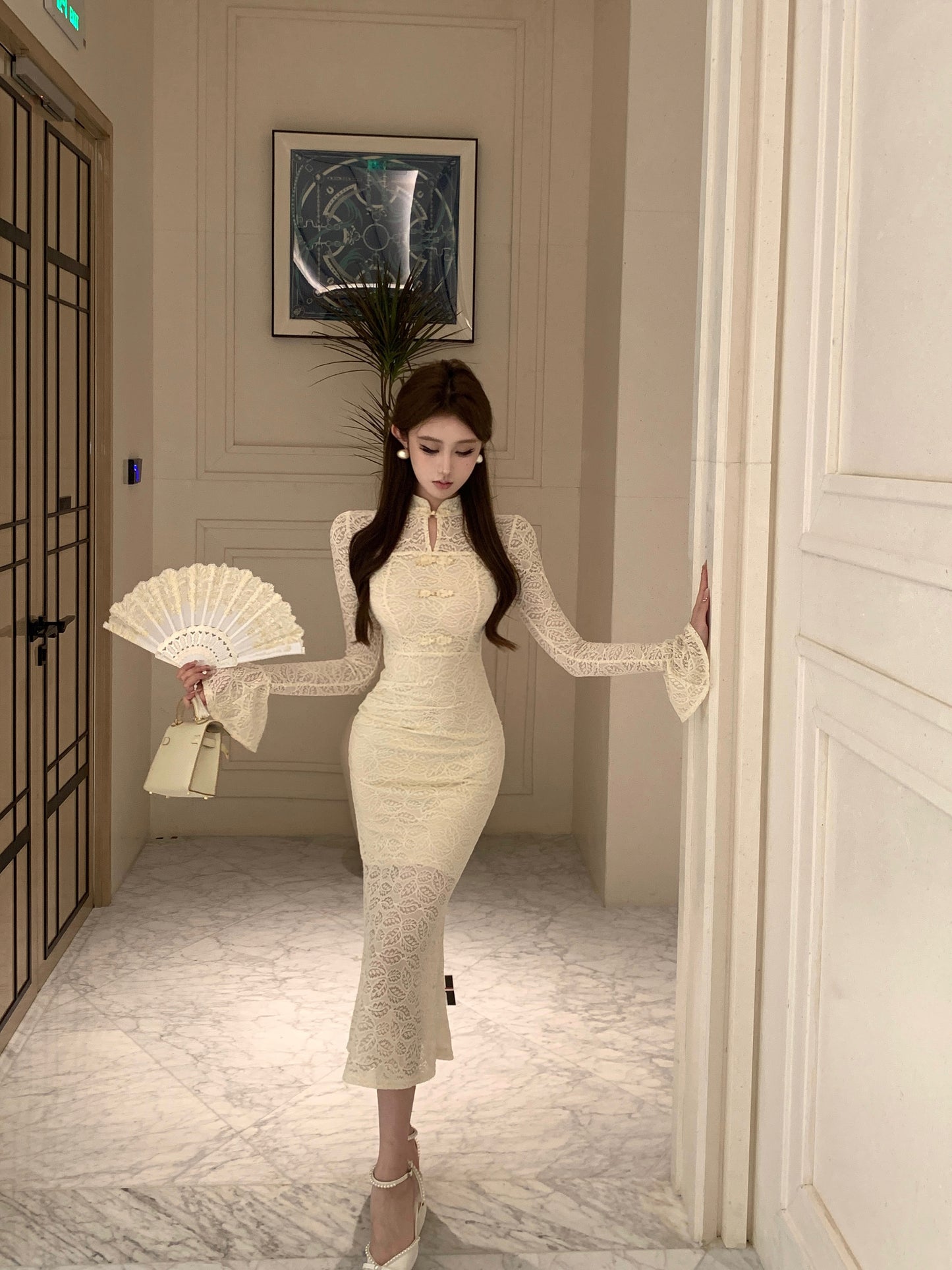 Romantic Beige Lace Cheongsam-Style Textured Fabric Maxi Dress Unique Bell Long Sleeve Sheath Frog Buttons Long Dress AP1931