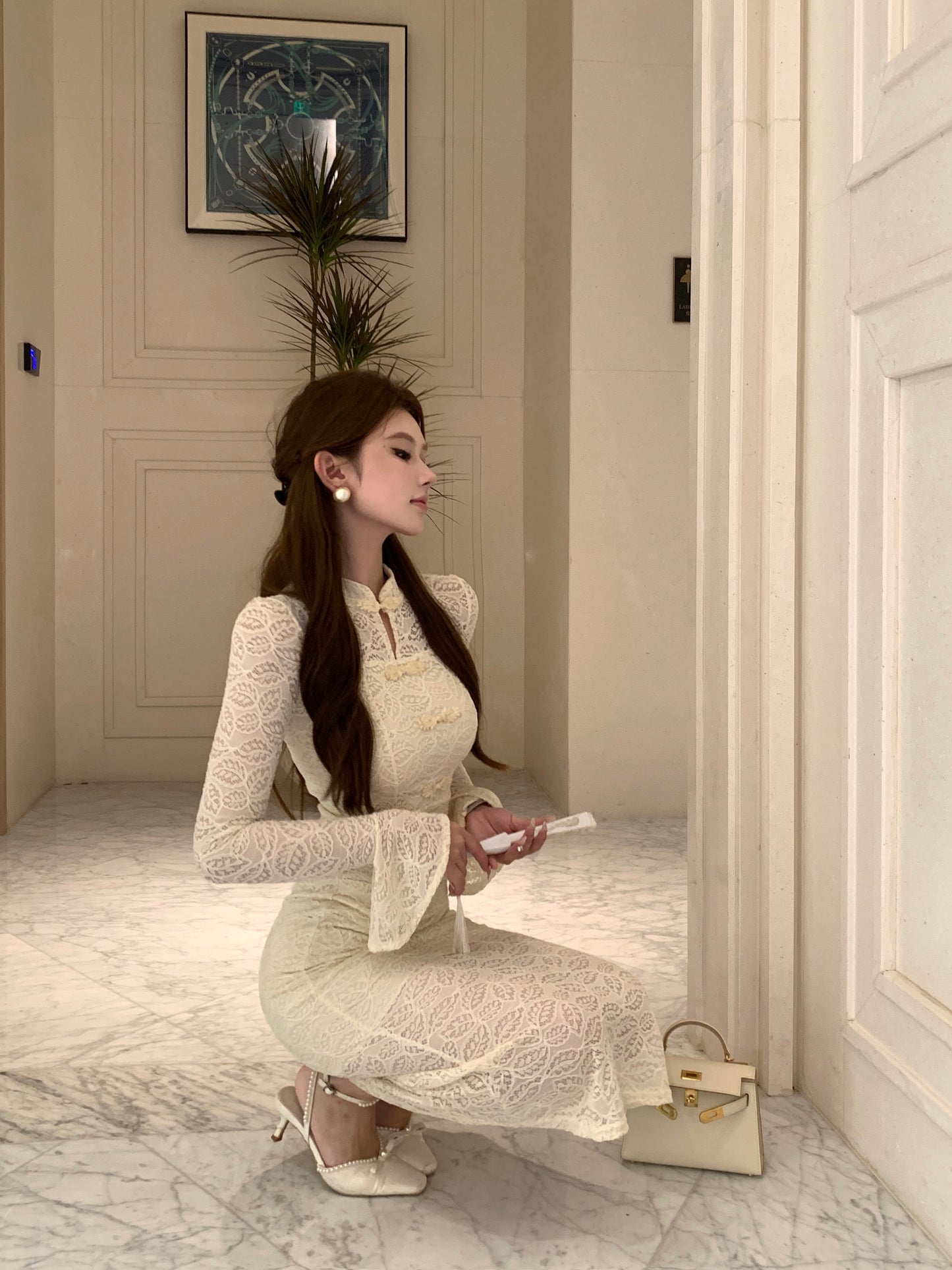 Romantic Beige Lace Cheongsam-Style Textured Fabric Maxi Dress Unique Bell Long Sleeve Sheath Frog Buttons Long Dress AP1931