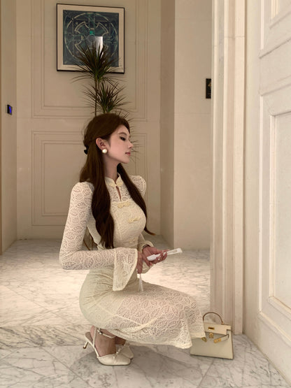 Romantic Beige Lace Cheongsam-Style Textured Fabric Maxi Dress Unique Bell Long Sleeve Sheath Frog Buttons Long Dress AP1931