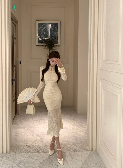 Romantic Beige Lace Cheongsam-Style Textured Fabric Maxi Dress Unique Bell Long Sleeve Sheath Frog Buttons Long Dress AP1931