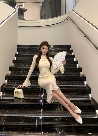 Romantic Beige Lace Cheongsam-Style Textured Fabric Maxi Dress Unique Bell Long Sleeve Sheath Frog Buttons Long Dress AP1931