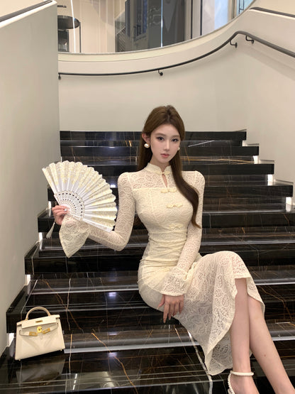 Romantic Beige Lace Cheongsam-Style Textured Fabric Maxi Dress Unique Bell Long Sleeve Sheath Frog Buttons Long Dress AP1931