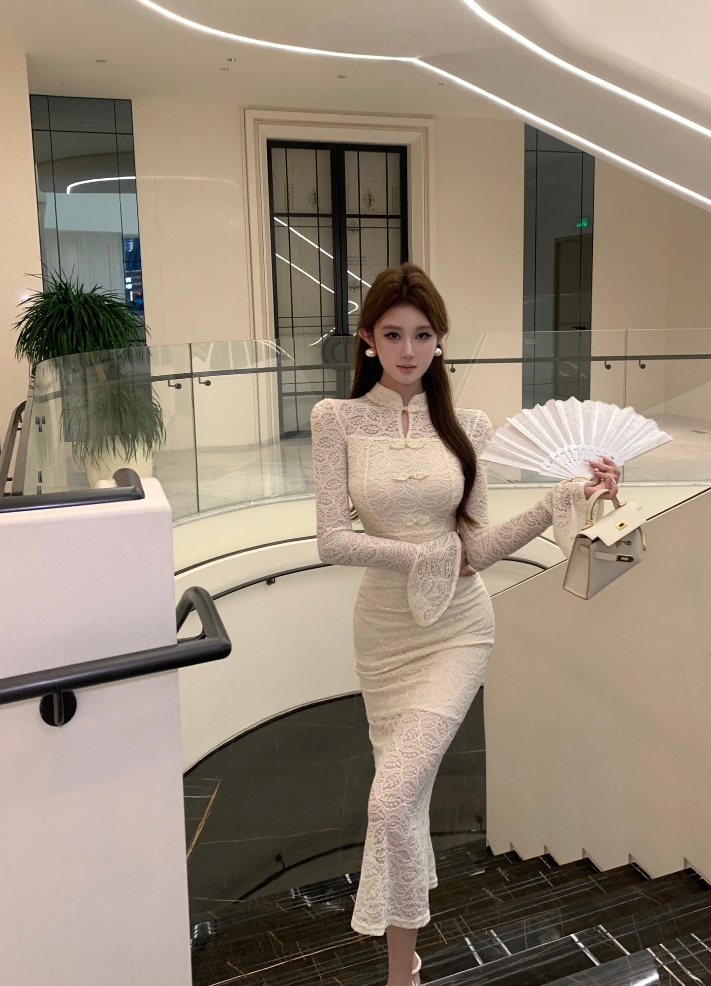 Romantic Beige Lace Cheongsam-Style Textured Fabric Maxi Dress Unique Bell Long Sleeve Sheath Frog Buttons Long Dress AP1931