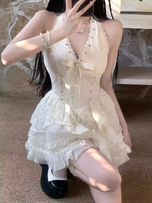 Vibrant Beige Cascade Tiered Hem Lace Trimmed Mini Skirt Charming Beading Accent Bow Detail Sleeveless Halter Short Dress AP1932