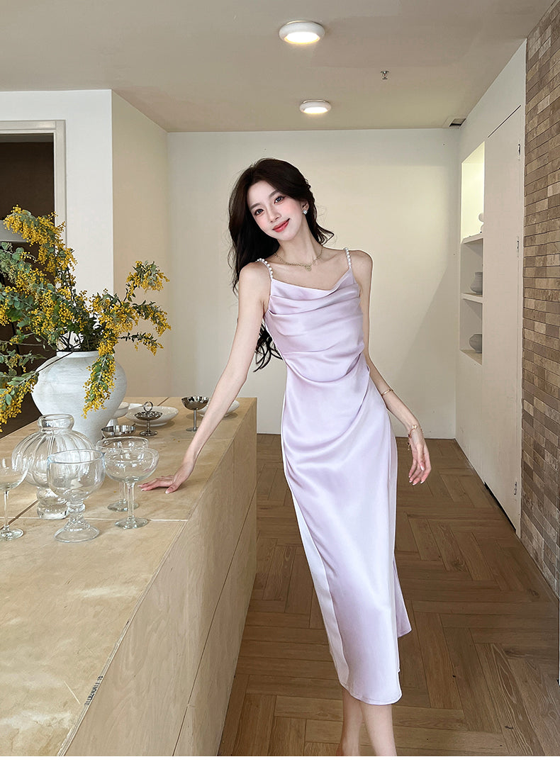 Chic Purple Slit Cowl Neck Midi Dress Minimalist Beaded Spaghetti Strap Everyday Outfit Long Dress AP1934