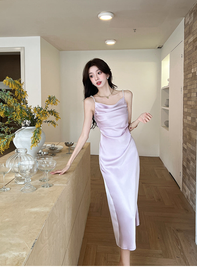 Chic Purple Slit Cowl Neck Midi Dress Minimalist Beaded Spaghetti Strap Everyday Outfit Long Dress AP1934
