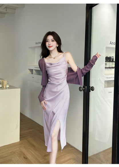 Chic Purple Slit Cowl Neck Midi Dress Minimalist Beaded Spaghetti Strap Everyday Outfit Long Dress AP1934