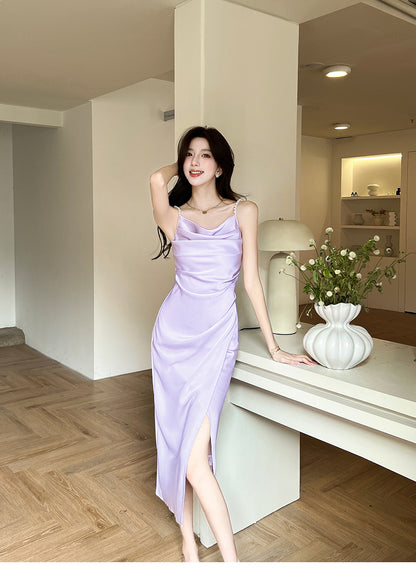 Chic Purple Slit Cowl Neck Midi Dress Minimalist Beaded Spaghetti Strap Everyday Outfit Long Dress AP1934