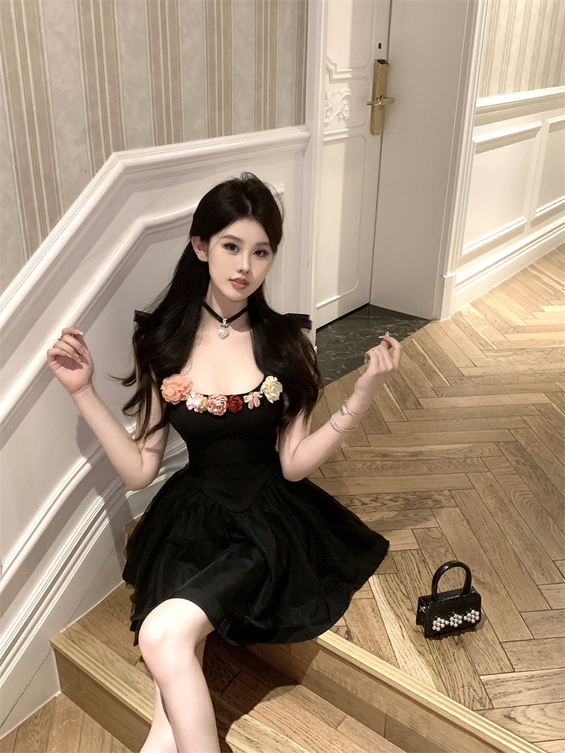 Y2K Style Flutter Straps A-Line Mini Dress Vogue Colorful 3D Flowers Accent Cascade Tulle Overlay Short Dress AP1935