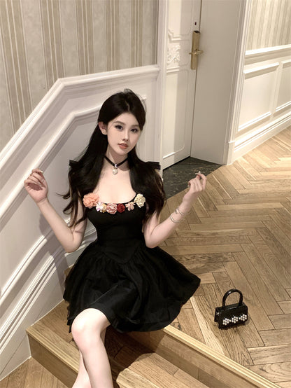 Y2K Style Flutter Straps A-Line Mini Dress Vogue Colorful 3D Flowers Accent Cascade Tulle Overlay Short Dress AP1935