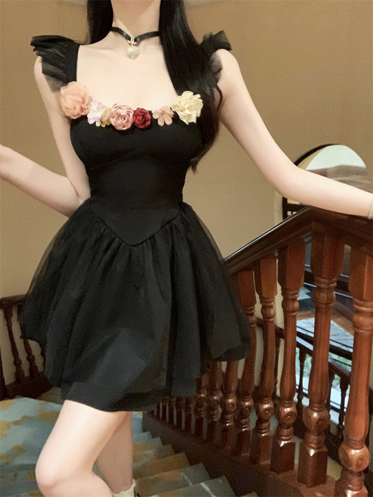 Y2K Style Flutter Straps A-Line Mini Dress Vogue Colorful 3D Flowers Accent Cascade Tulle Overlay Short Dress AP1935