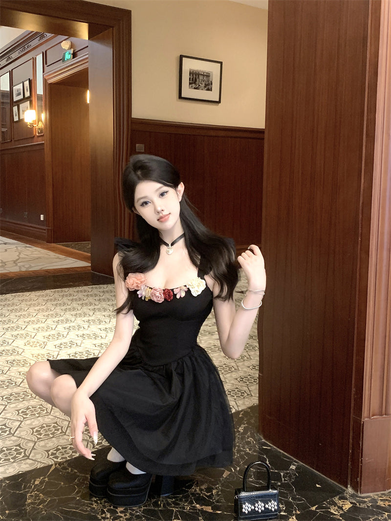 Y2K Style Flutter Straps A-Line Mini Dress Vogue Colorful 3D Flowers Accent Cascade Tulle Overlay Short Dress AP1935