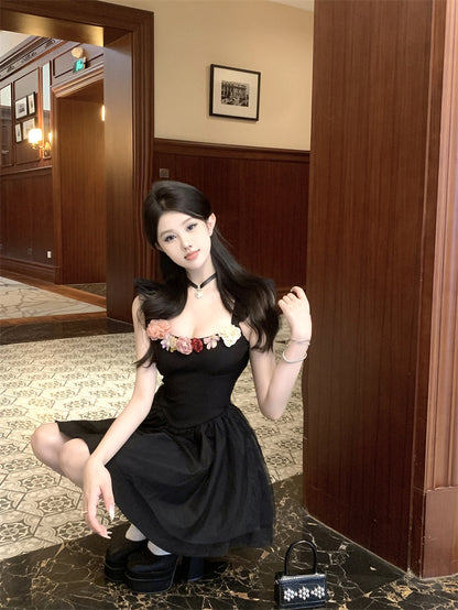 Y2K Style Flutter Straps A-Line Mini Dress Vogue Colorful 3D Flowers Accent Cascade Tulle Overlay Short Dress AP1935