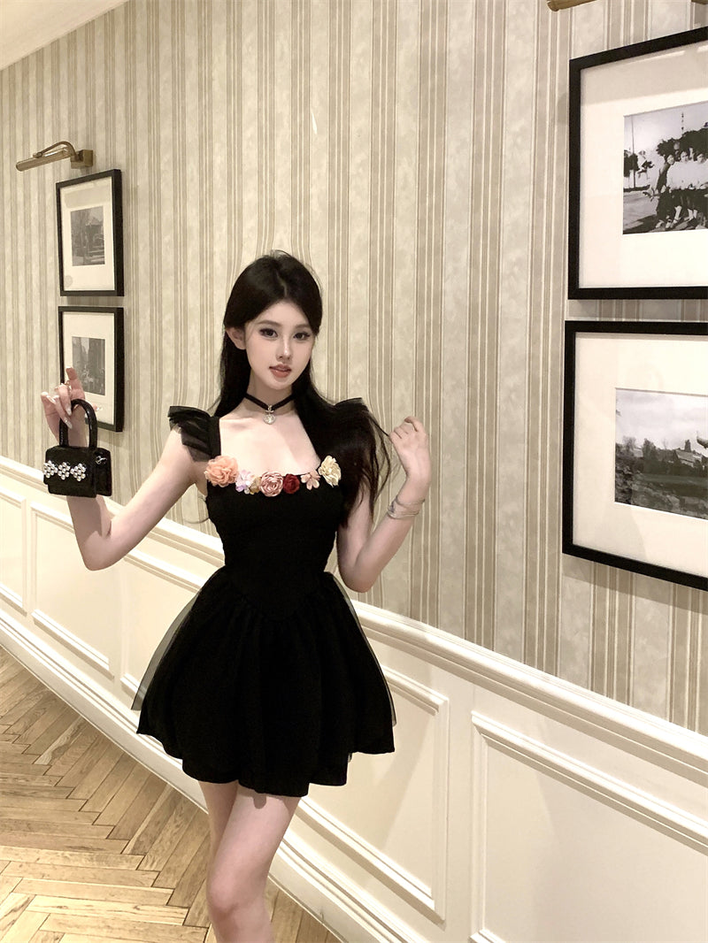 Y2K Style Flutter Straps A-Line Mini Dress Vogue Colorful 3D Flowers Accent Cascade Tulle Overlay Short Dress AP1935