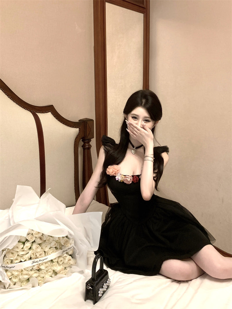 Y2K Style Flutter Straps A-Line Mini Dress Vogue Colorful 3D Flowers Accent Cascade Tulle Overlay Short Dress AP1935