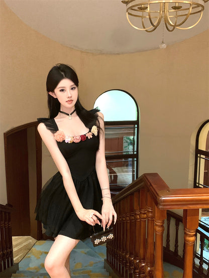 Y2K Style Flutter Straps A-Line Mini Dress Vogue Colorful 3D Flowers Accent Cascade Tulle Overlay Short Dress AP1935