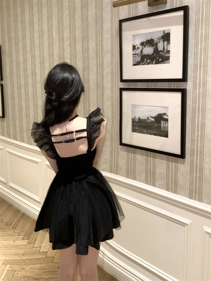 Y2K Style Flutter Straps A-Line Mini Dress Vogue Colorful 3D Flowers Accent Cascade Tulle Overlay Short Dress AP1935