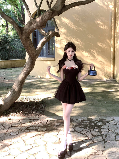 Y2K Style Flutter Straps A-Line Mini Dress Vogue Colorful 3D Flowers Accent Cascade Tulle Overlay Short Dress AP1935