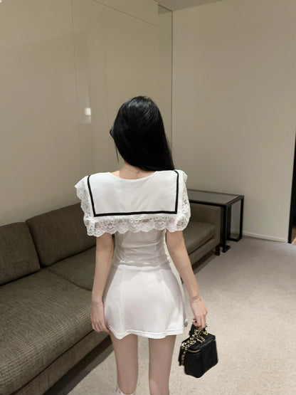 Casual Outfit Navy Lace Collar Black Trim White Mini Skirt Chic Y2K Style Figure-Hugging Bodycon Fit Bow Detail Short Dress AP1936