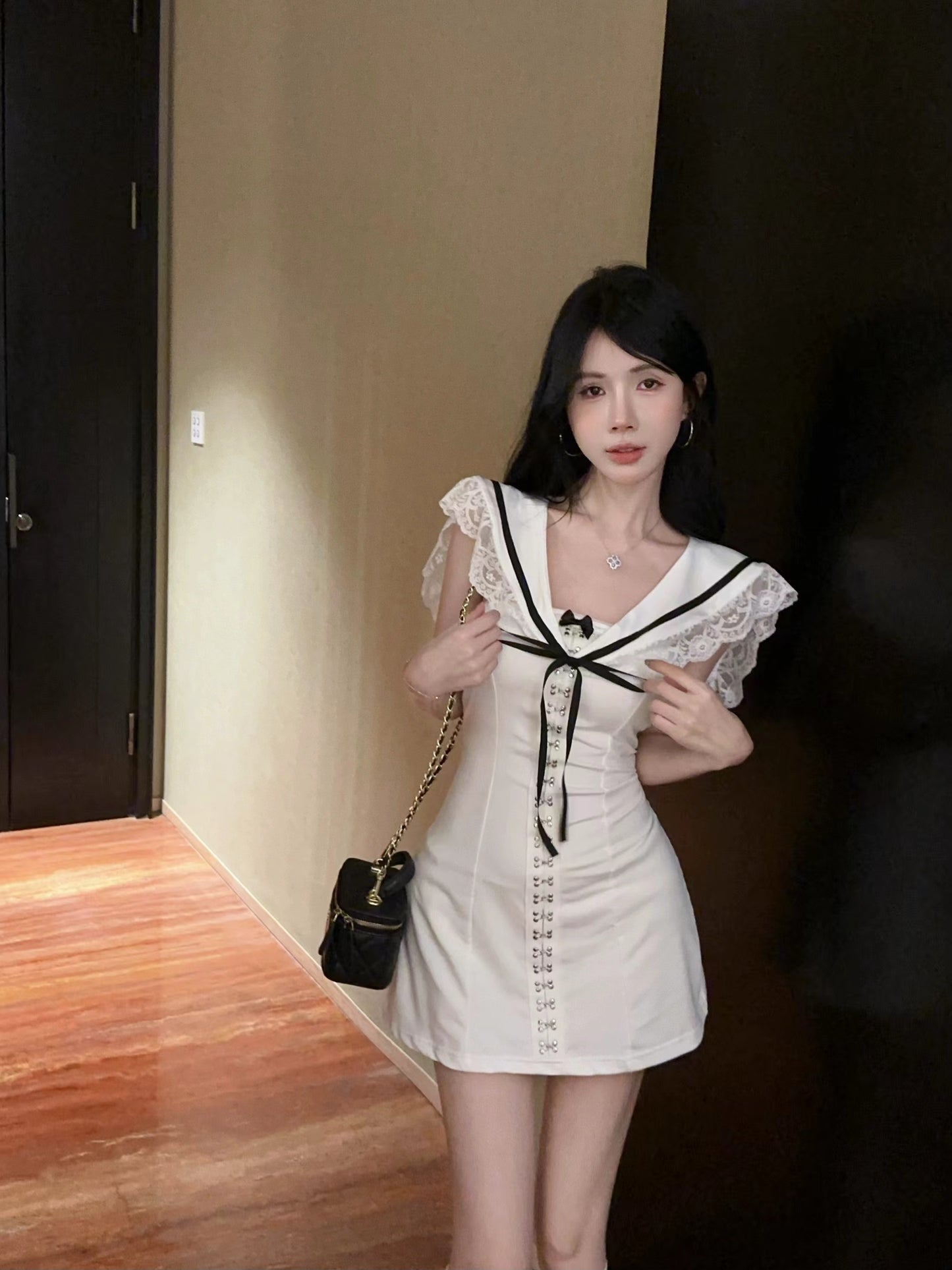 Casual Outfit Navy Lace Collar Black Trim White Mini Skirt Chic Y2K Style Figure-Hugging Bodycon Fit Bow Detail Short Dress AP1936