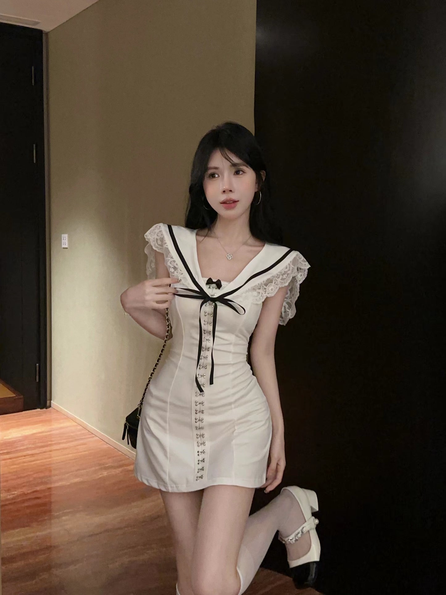 Casual Outfit Navy Lace Collar Black Trim White Mini Skirt Chic Y2K Style Figure-Hugging Bodycon Fit Bow Detail Short Dress AP1936