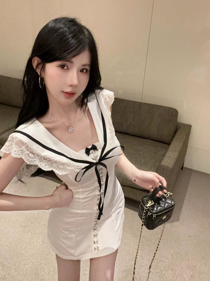 Casual Outfit Navy Lace Collar Black Trim White Mini Skirt Chic Y2K Style Figure-Hugging Bodycon Fit Bow Detail Short Dress AP1936