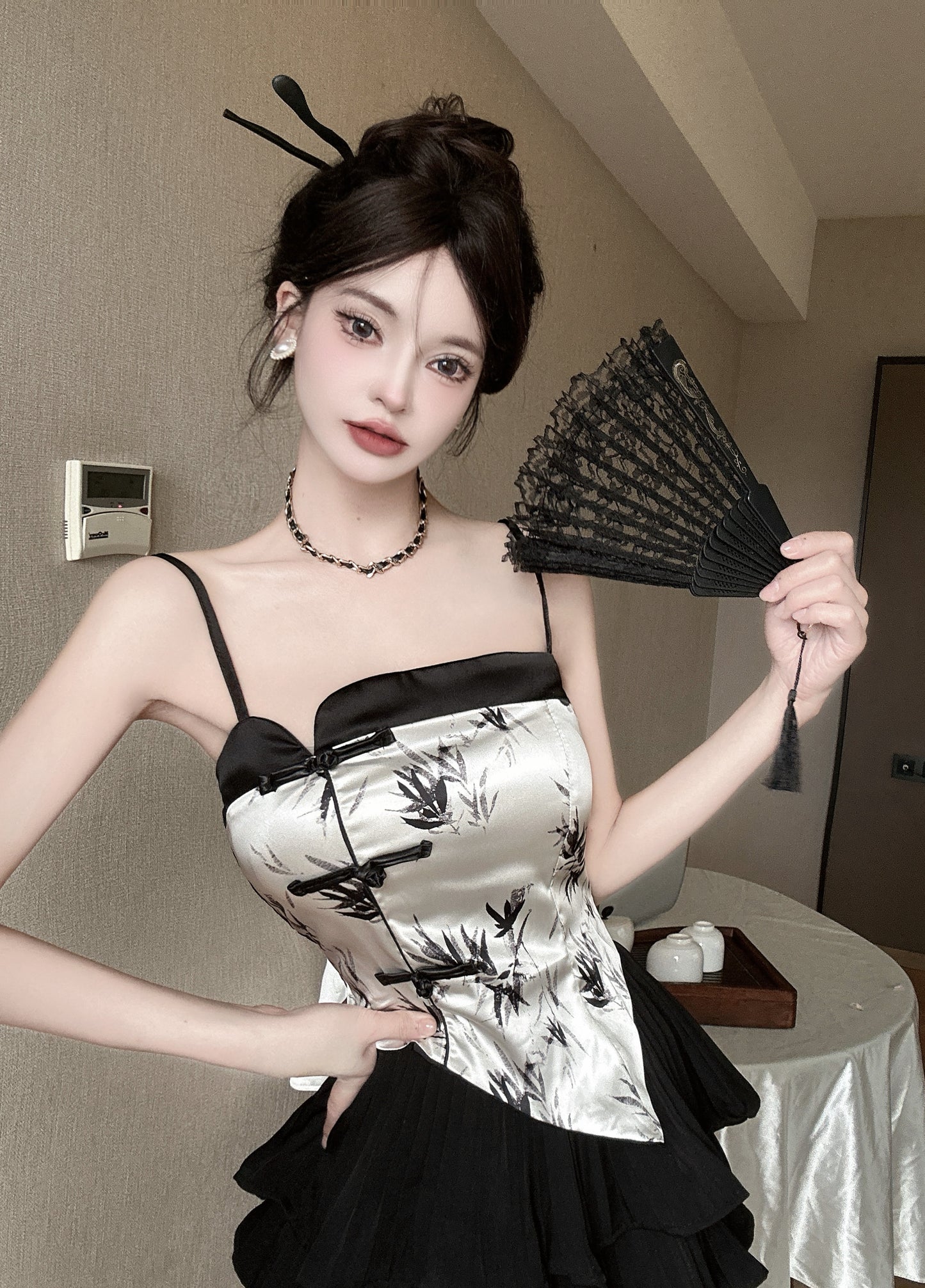 Retro 2-Piece Set Bamboo Print Camisole Mandarin Buttons Mini Dress Spaghetti Strap Black Tiered Pleat Short Dress AP1937