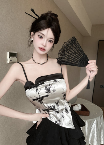 Retro 2-Piece Set Bamboo Print Camisole Mandarin Buttons Mini Dress Spaghetti Strap Black Tiered Pleat Short Dress AP1937