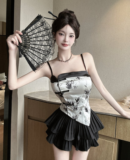 Retro 2-Piece Set Bamboo Print Camisole Mandarin Buttons Mini Dress Spaghetti Strap Black Tiered Pleat Short Dress AP1937